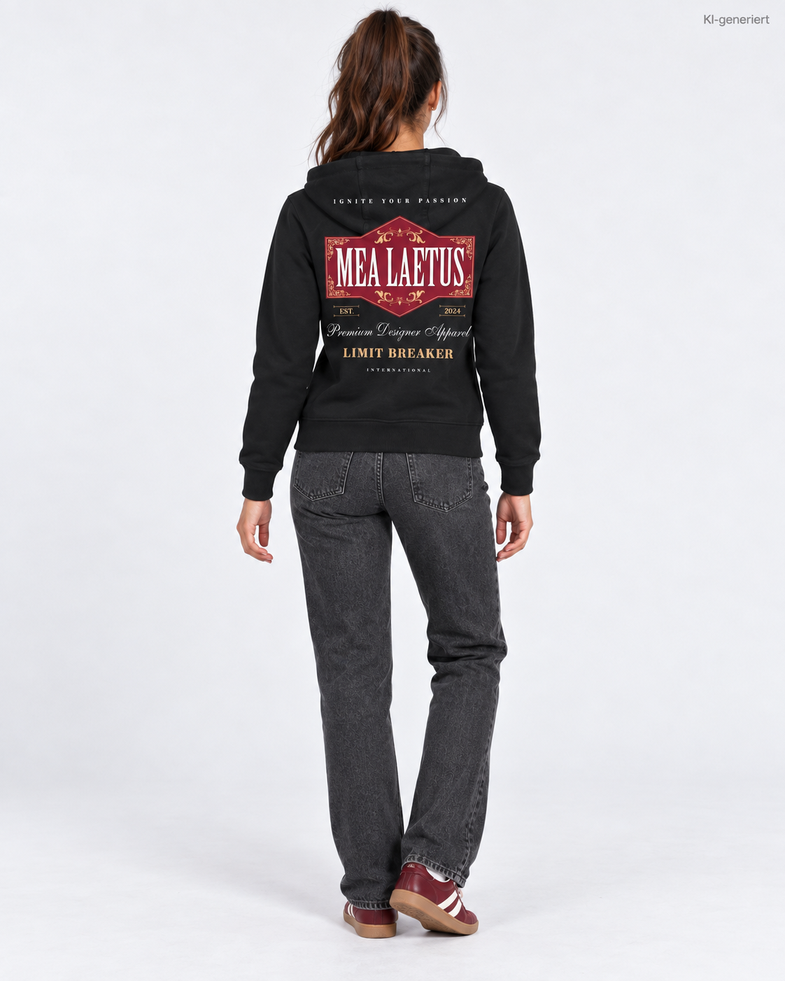 MEA LAETUS Damen Sweatjacke Limitbreaker Emblem Rot in Schwarz – Studio-Rückansicht mit großem Limitbreaker-Emblem.