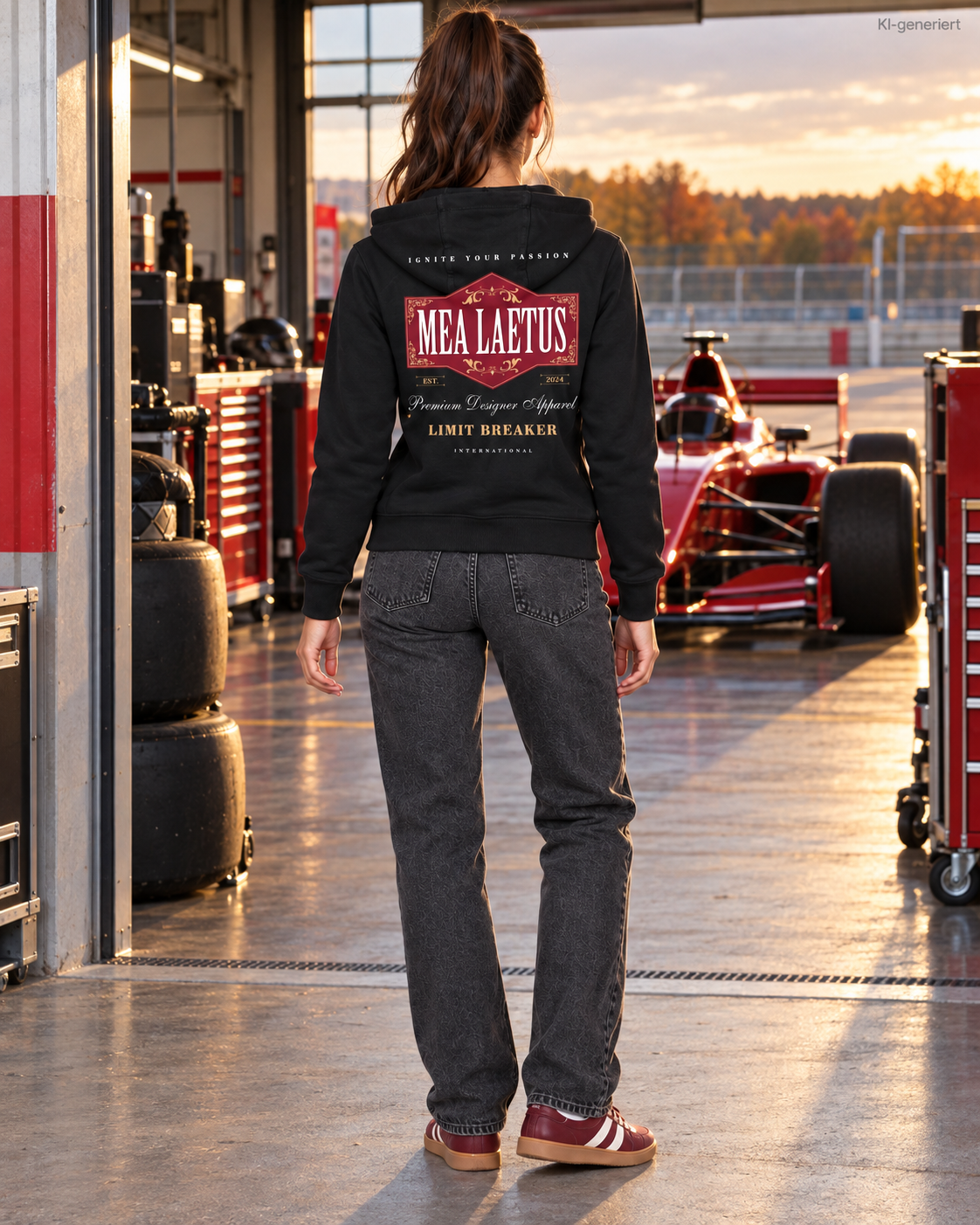 MEA LAETUS Damen Sweatjacke Limitbreaker Emblem Rot in Schwarz – Rückansicht vor einer Boxengarage mit großem Rückenprint.
