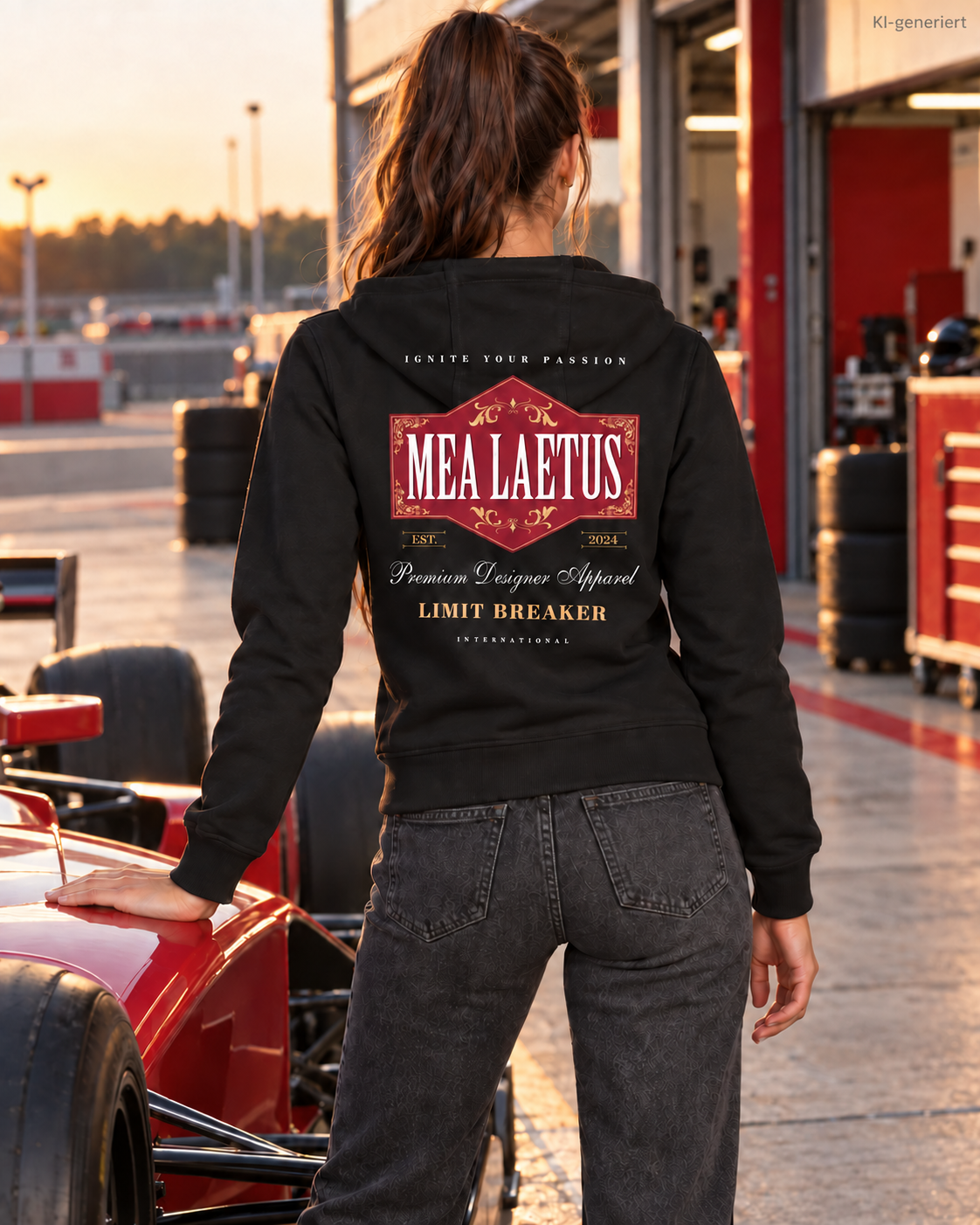 MEA LAETUS Damen Sweatjacke Limitbreaker Emblem Rot in Schwarz – Rückansicht neben einem roten Formel-Rennwagen.