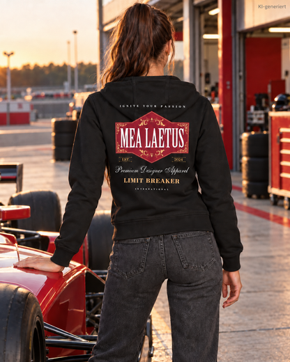MEA LAETUS Damen Sweatjacke Limitbreaker Emblem Rot in Schwarz – Rückansicht neben einem roten Formel-Rennwagen.