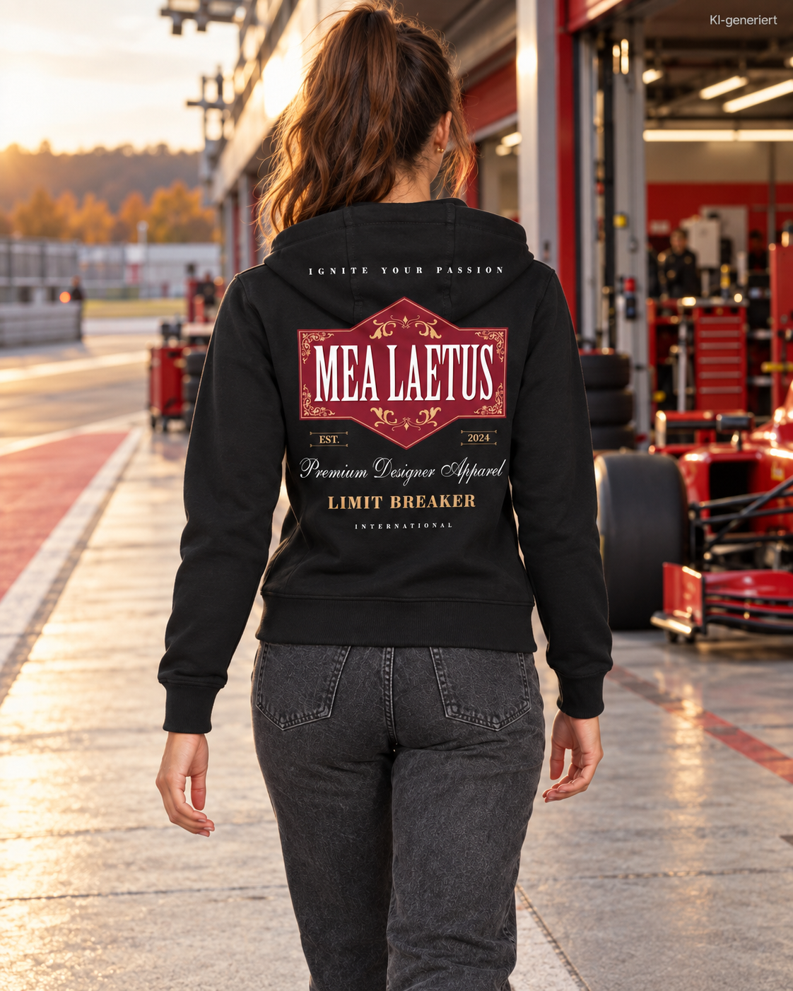 MEA LAETUS Damen Sweatjacke Limitbreaker Emblem Rot in Schwarz – Nähere Rückenansicht beim Gehen durch die Boxengasse.