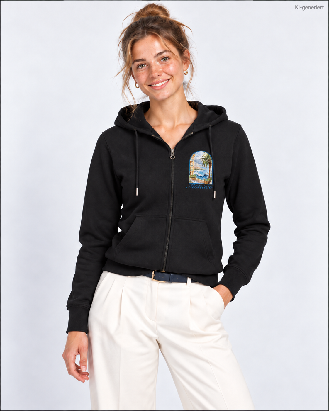 MEA LAETUS Damen Sweatjacke Monaco in Schwarz – Nähere Studio-Frontansicht mit korrekt positioniertem Monaco-Brustprint und cremefarbener Hose.