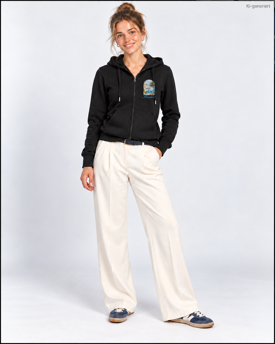 MEA LAETUS Damen Sweatjacke Monaco in Schwarz – Ganzkörper-Studioansicht mit Monaco-Brustmotiv, cremefarbener Wide-Leg-Hose und blauen Sneakern.