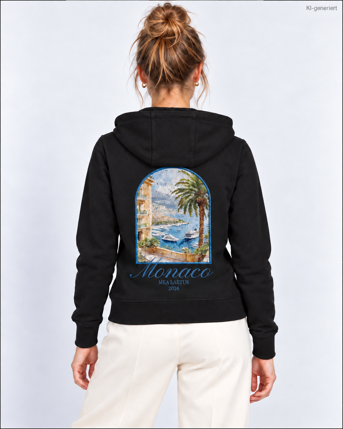 MEA LAETUS Damen Sweatjacke Monaco in Schwarz – Nähere Studio-Rückansicht mit Monaco-Hafenprint ausschließlich auf dem Rücken unterhalb der Kapuze.