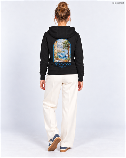 MEA LAETUS Damen Sweatjacke Monaco in Schwarz – Ganzkörper-Rückansicht mit großem Monaco-Hafenprint unterhalb der unbedruckten Kapuze.