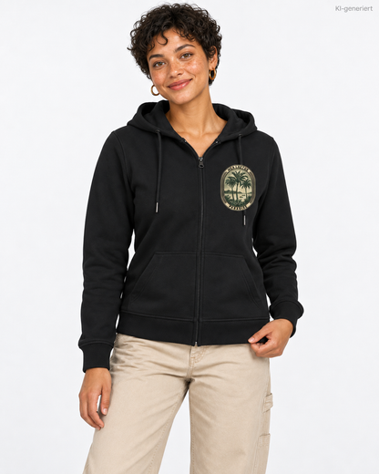 MEA LAETUS Ladies Sweatjacke Palmen Edition in Schwarz – Nähere Studio-Frontansicht mit MEA LAETUS Paradise Brustemblem.