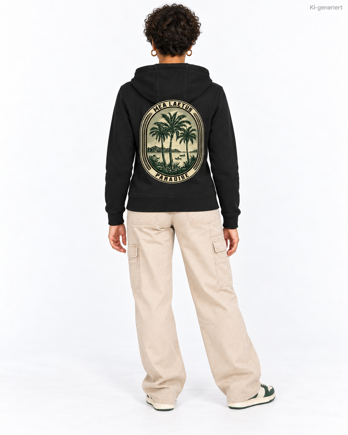 MEA LAETUS Ladies Sweatjacke Palmen Edition in Schwarz – Studio-Rückansicht mit großem Paradise-Palmenprint.