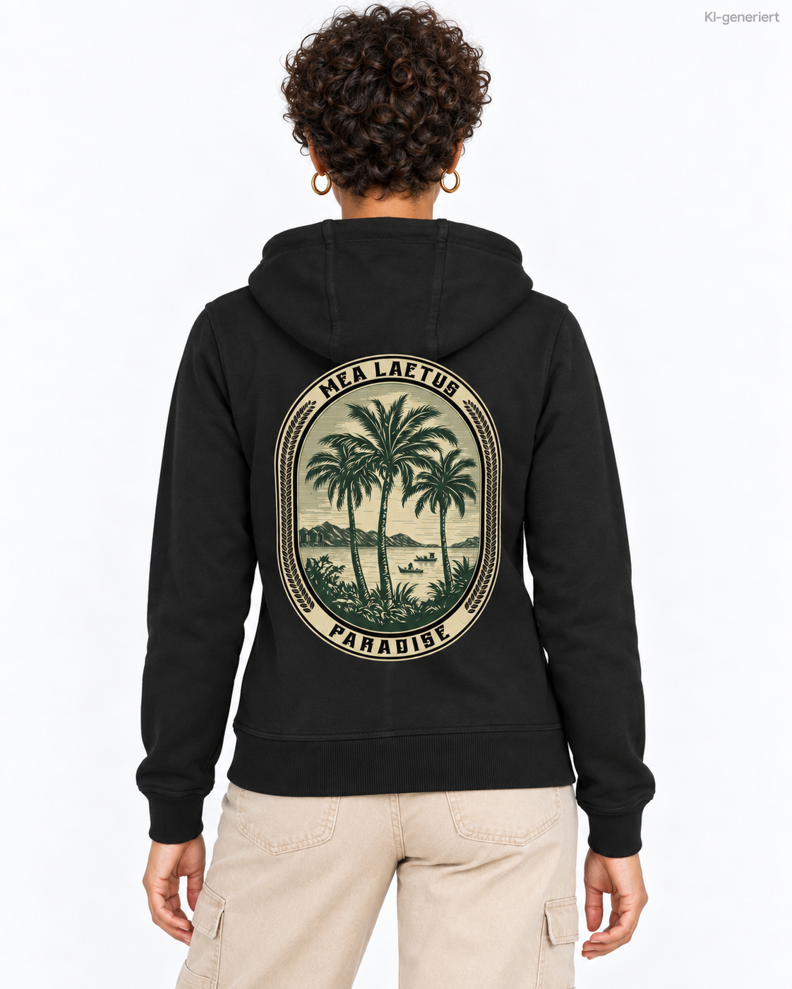 MEA LAETUS Ladies Sweatjacke Palmen Edition in Schwarz – Nähere Studio-Rückansicht des beigefarbenen Palmenemblems.