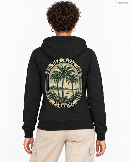 MEA LAETUS Ladies Sweatjacke Palmen Edition in Schwarz – Nähere Studio-Rückansicht des beigefarbenen Palmenemblems.