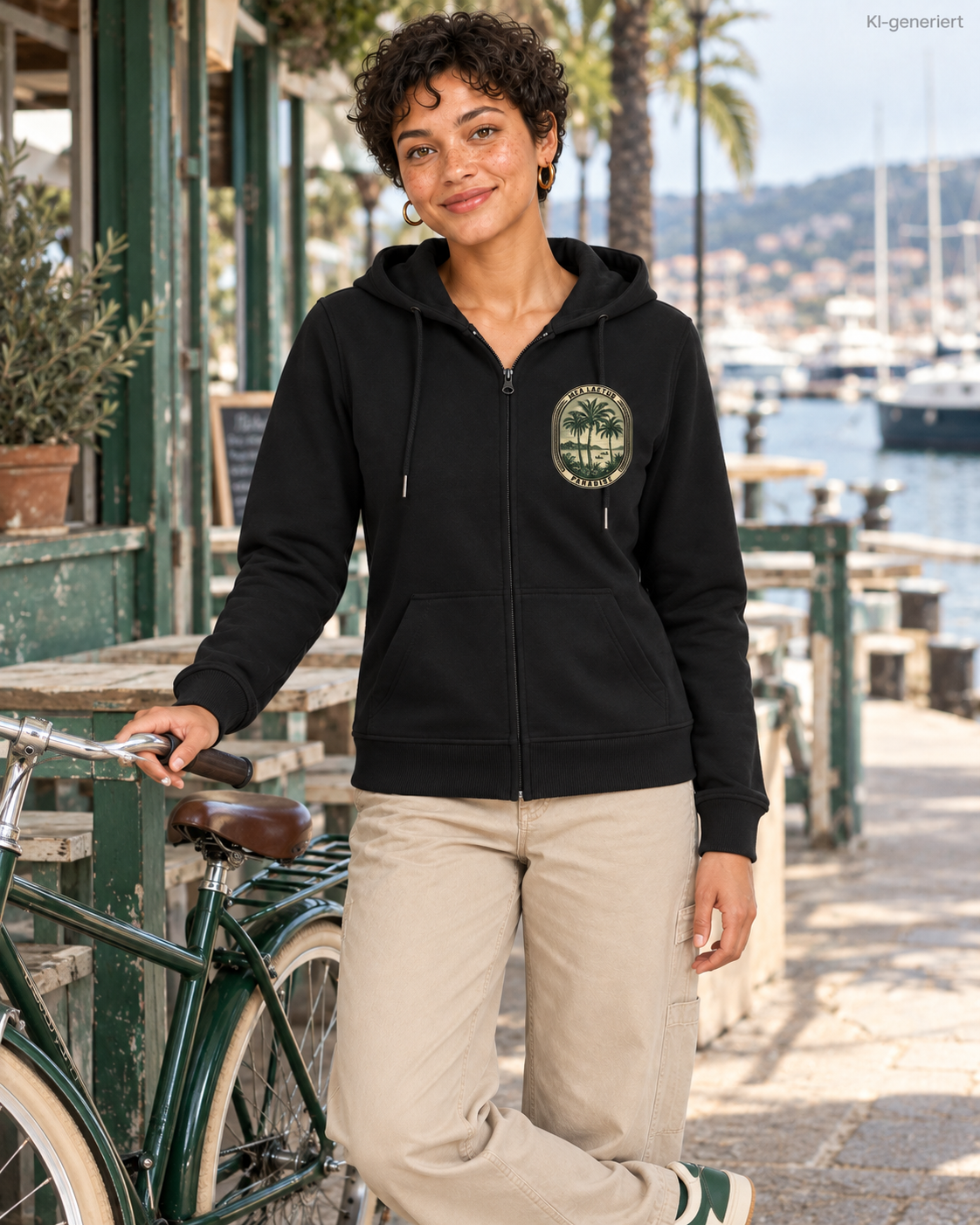 MEA LAETUS Ladies Sweatjacke Palmen Edition in Schwarz – Frontansicht neben einem grünen Fahrrad am Strandcafé.