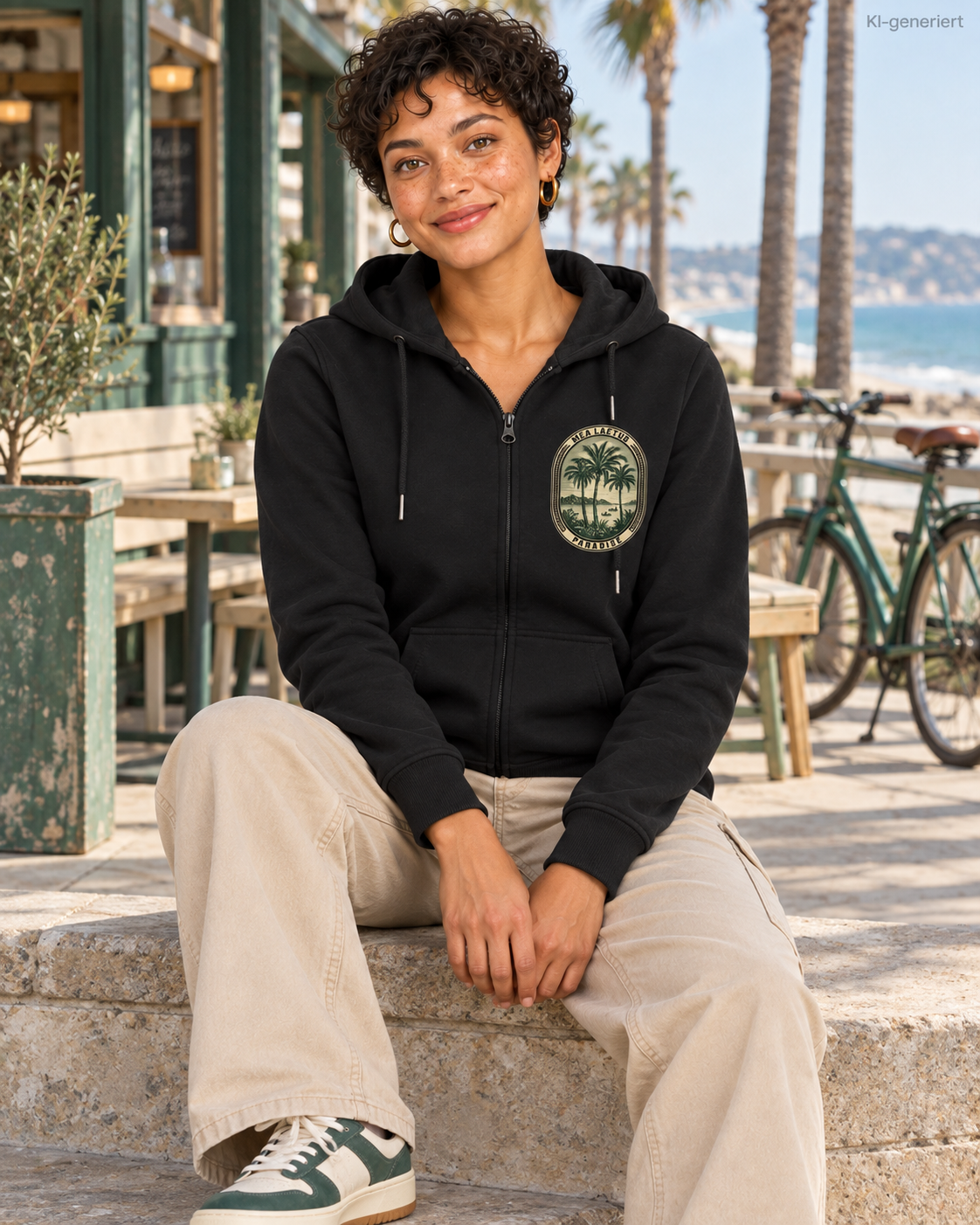 MEA LAETUS Ladies Sweatjacke Palmen Edition in Schwarz – Sitzende Frontansicht am Strandcafé.
