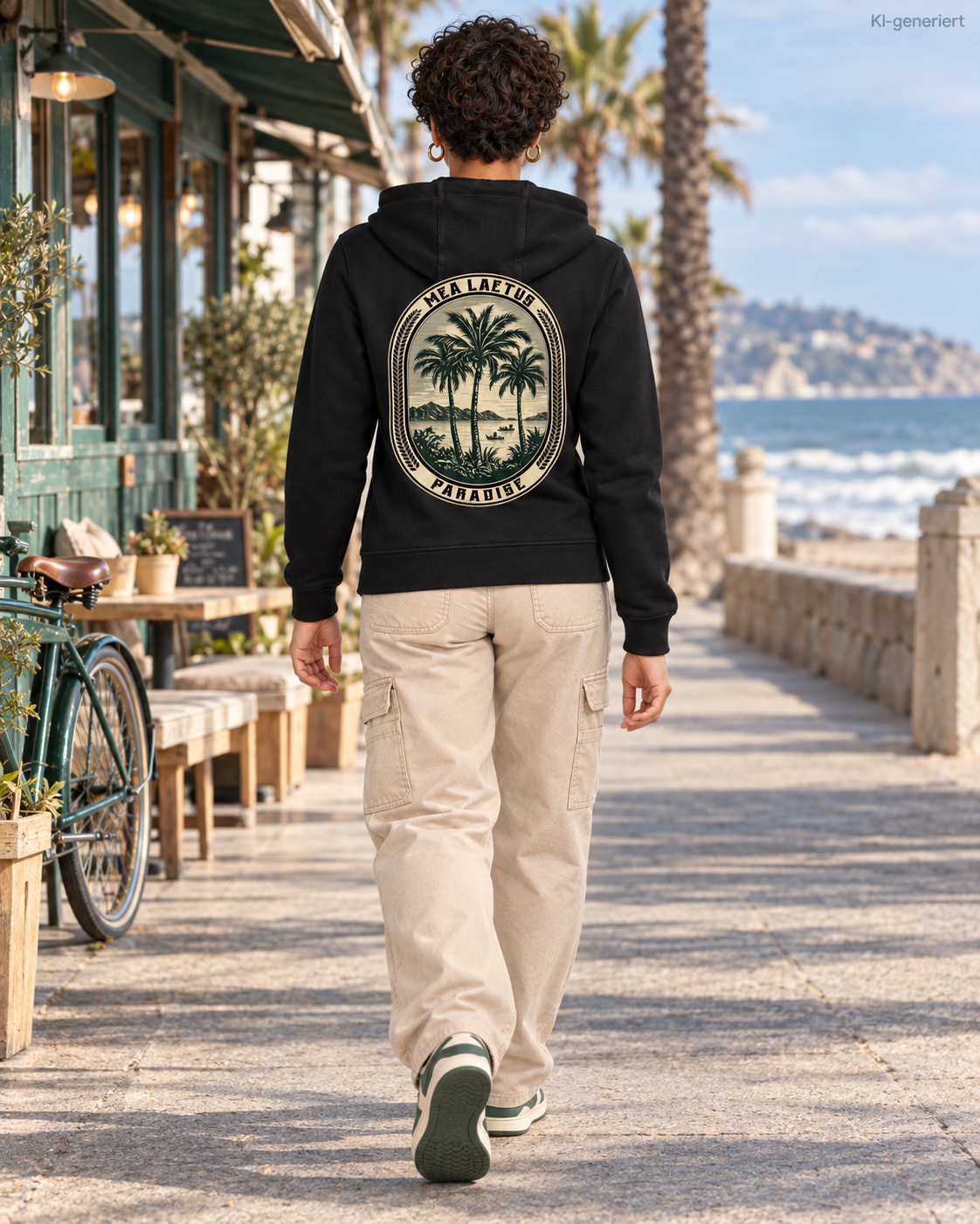MEA LAETUS Ladies Sweatjacke Palmen Edition in Schwarz – Rückenansicht beim Gehen an der Palmenpromenade.