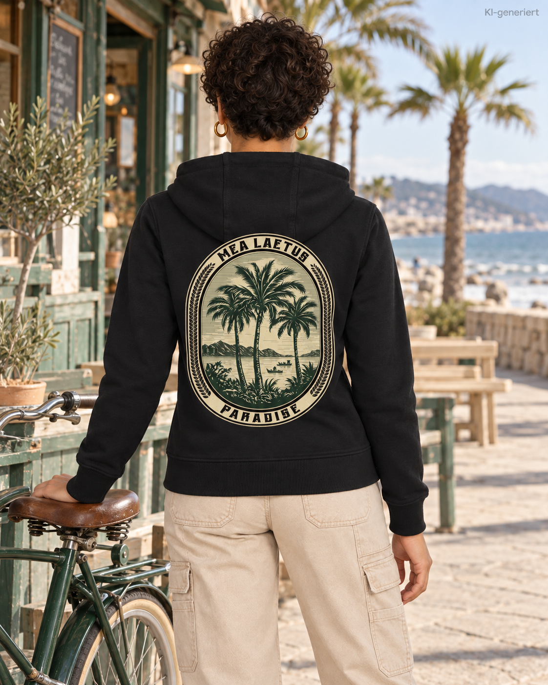 MEA LAETUS Ladies Sweatjacke Palmen Edition in Schwarz – Rückenansicht neben einem grünen Fahrrad.