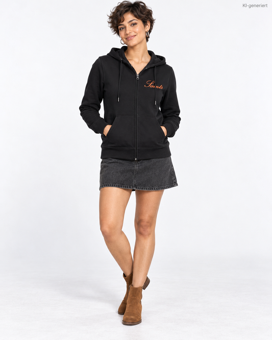 MEA LAETUS Ladies Sweatjacke Saints in Schwarz – Studio-Frontansicht mit kleinem orangefarbenem Saints Schriftzug.