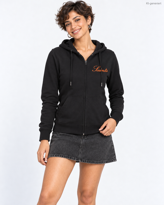 MEA LAETUS Ladies Sweatjacke Saints in Schwarz – Nähere Frontansicht mit Saints Brustprint und Reißverschluss.