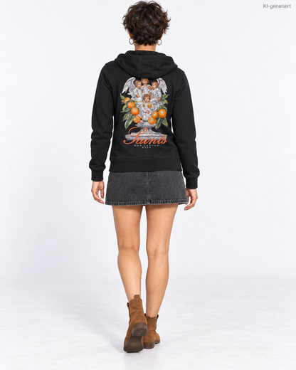 MEA LAETUS Ladies Sweatjacke Saints in Schwarz – Studio-Rückansicht mit Engelsmotiv, Orangen und Saints Schriftzug.