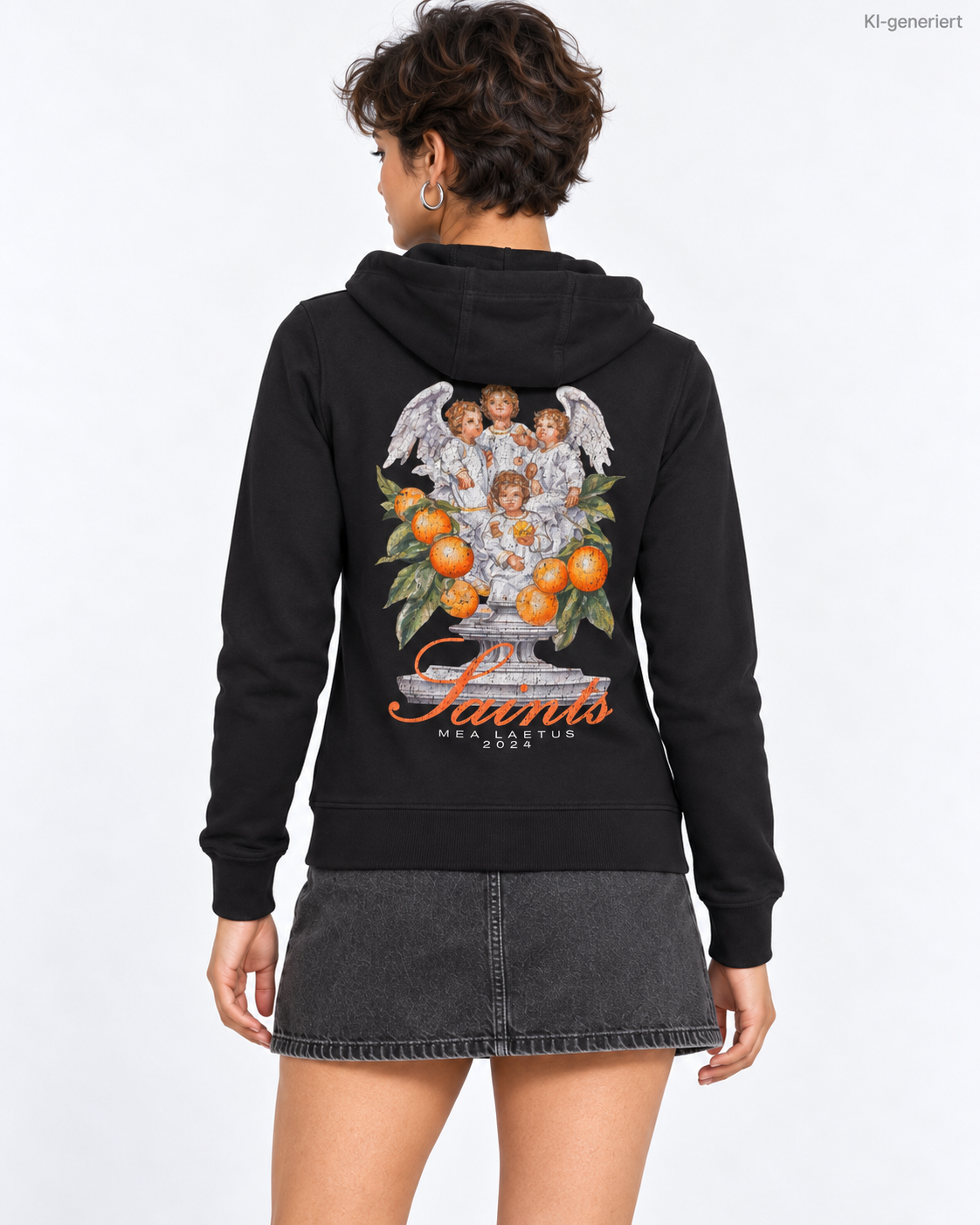 MEA LAETUS Ladies Sweatjacke Saints in Schwarz – Nähere Rückenansicht mit Engelsprint und MEA LAETUS 2024 Schriftzug.