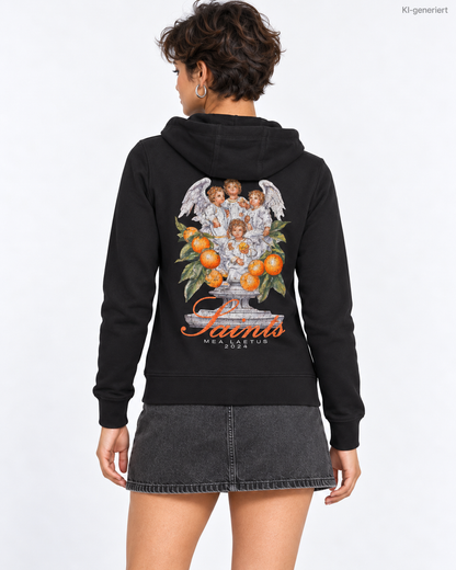 MEA LAETUS Ladies Sweatjacke Saints in Schwarz – Nähere Rückenansicht mit Engelsprint und MEA LAETUS 2024 Schriftzug.