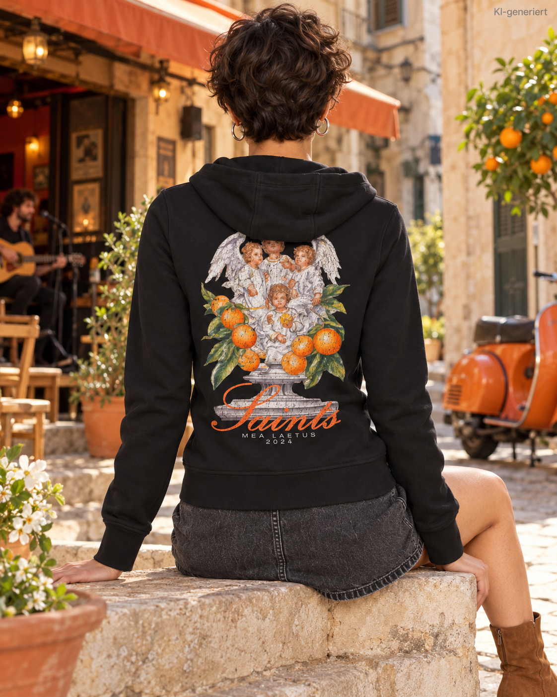MEA LAETUS Ladies Sweatjacke Saints in Schwarz – Sitzende Rückenansicht vor einem Musiklokal mit großem Saints Rückenprint.