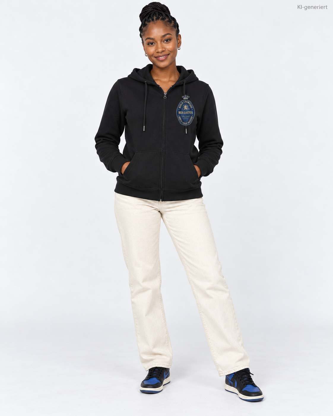 MEA LAETUS Ladies Sweatjacke World Champions Blau in Schwarz – Studio-Frontansicht mit blau-goldenem Brustemblem und langer Hose.