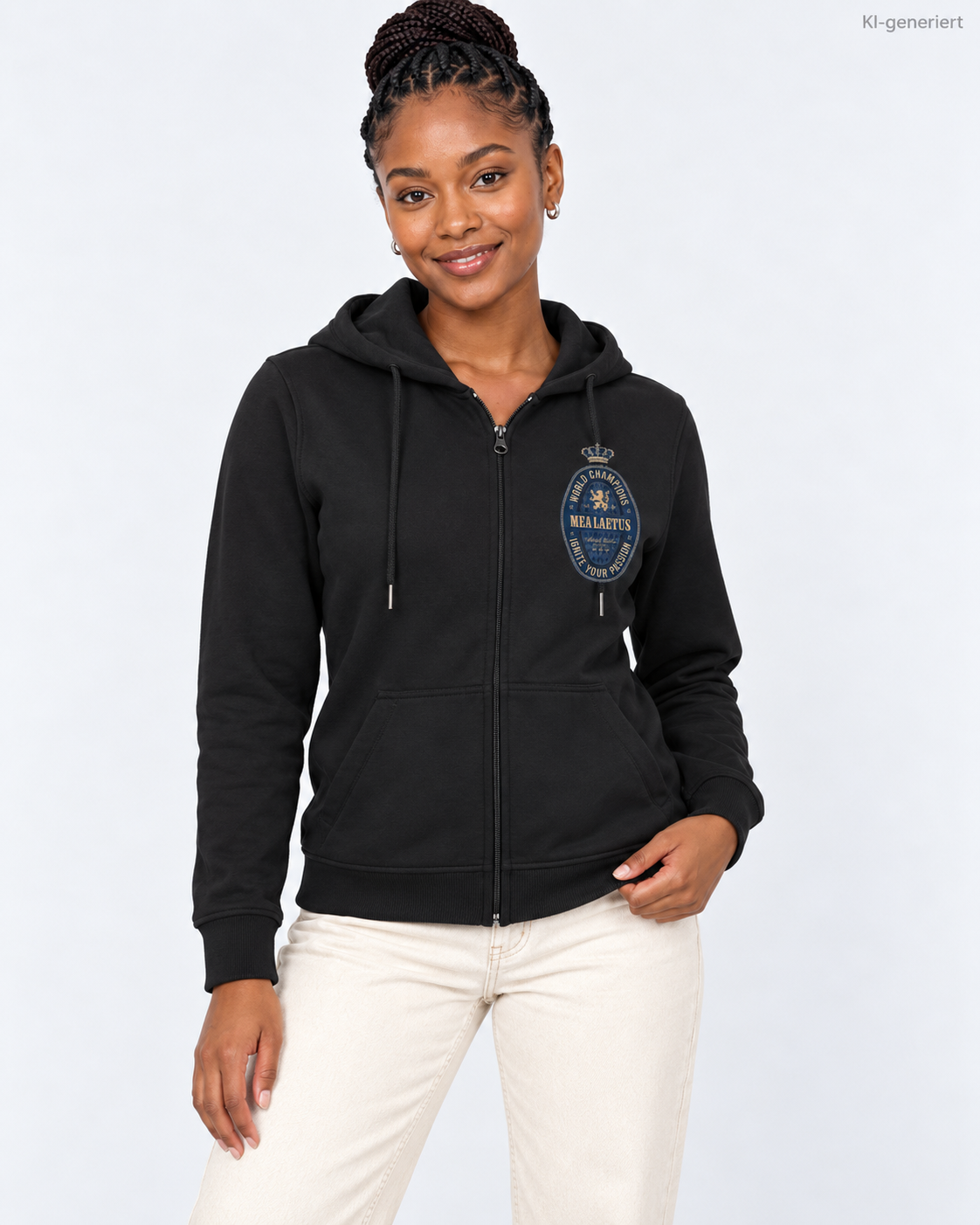 MEA LAETUS Ladies Sweatjacke World Champions Blau in Schwarz – Nähere Frontansicht mit World Champions Brustprint und Reißverschluss.