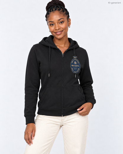 MEA LAETUS Ladies Sweatjacke World Champions Blau in Schwarz – Nähere Frontansicht mit World Champions Brustprint und Reißverschluss.
