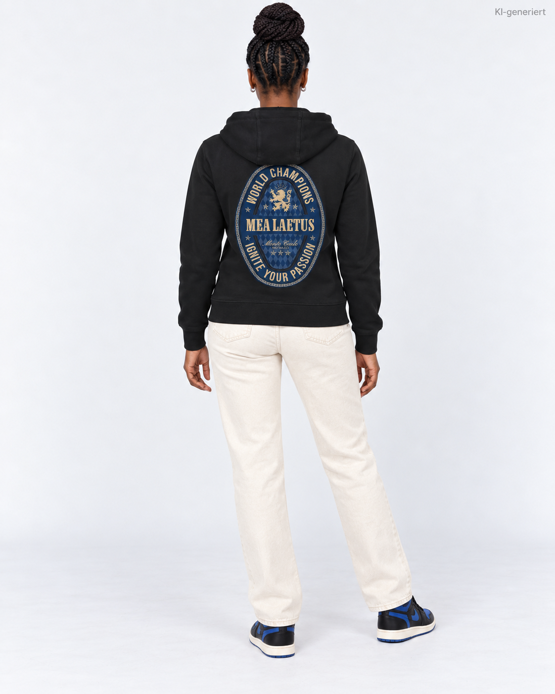 MEA LAETUS Ladies Sweatjacke World Champions Blau in Schwarz – Studio-Rückansicht mit großem blau-goldenem World Champions Emblem.
