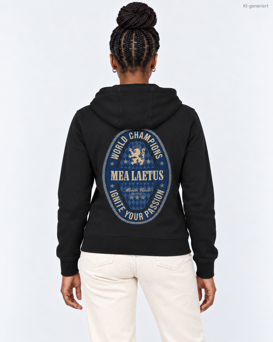 MEA LAETUS Ladies Sweatjacke World Champions Blau in Schwarz – Nahaufnahme des Rückenprints mit Löwenmotiv und MEA LAETUS Schriftzug.