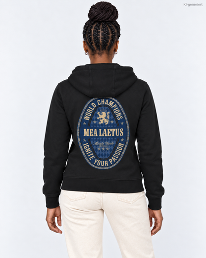 MEA LAETUS Ladies Sweatjacke World Champions Blau in Schwarz – Nahaufnahme des Rückenprints mit Löwenmotiv und MEA LAETUS Schriftzug.