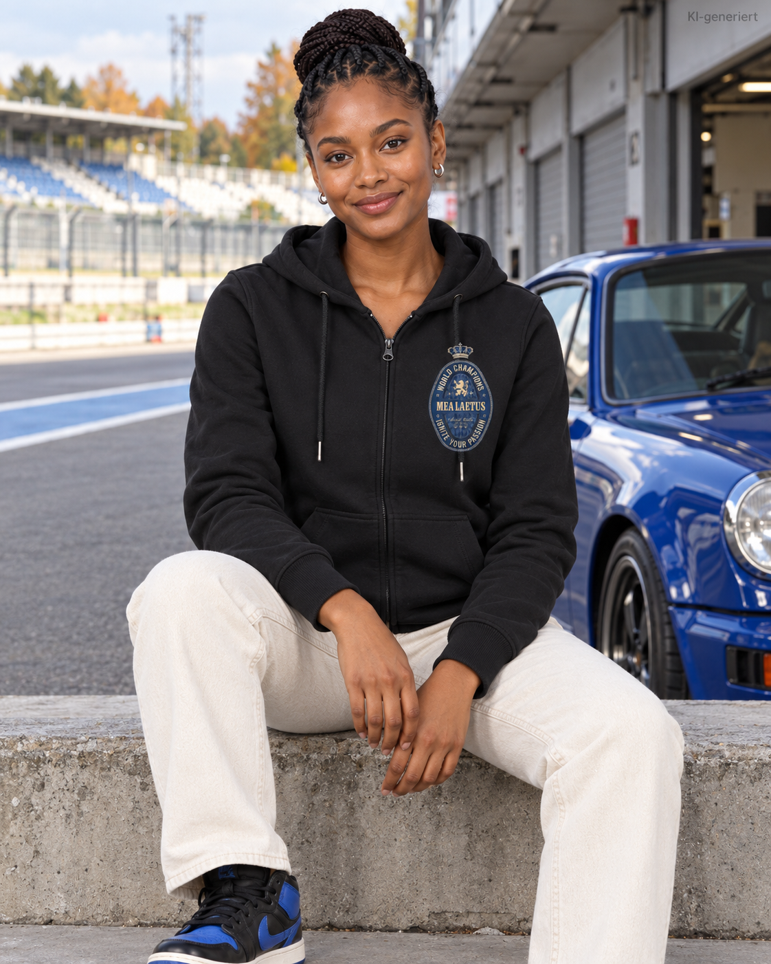 MEA LAETUS Ladies Sweatjacke World Champions Blau in Schwarz – Sitzende Frontansicht an der Rennstrecke mit World Champions Brustemblem.