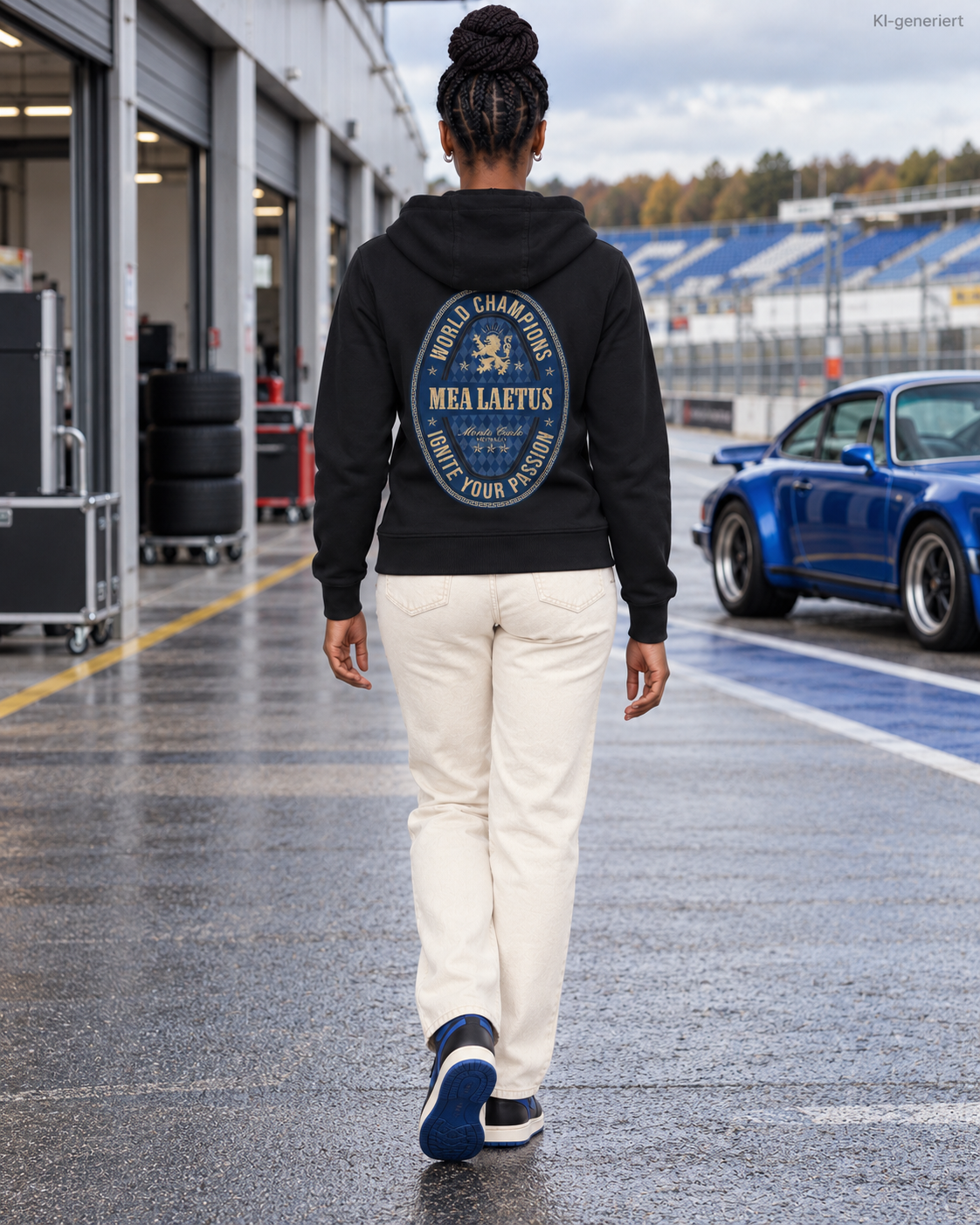 MEA LAETUS Ladies Sweatjacke World Champions Blau in Schwarz – Rückenansicht beim Gehen durch die Boxengasse mit großem World Champions Motiv.