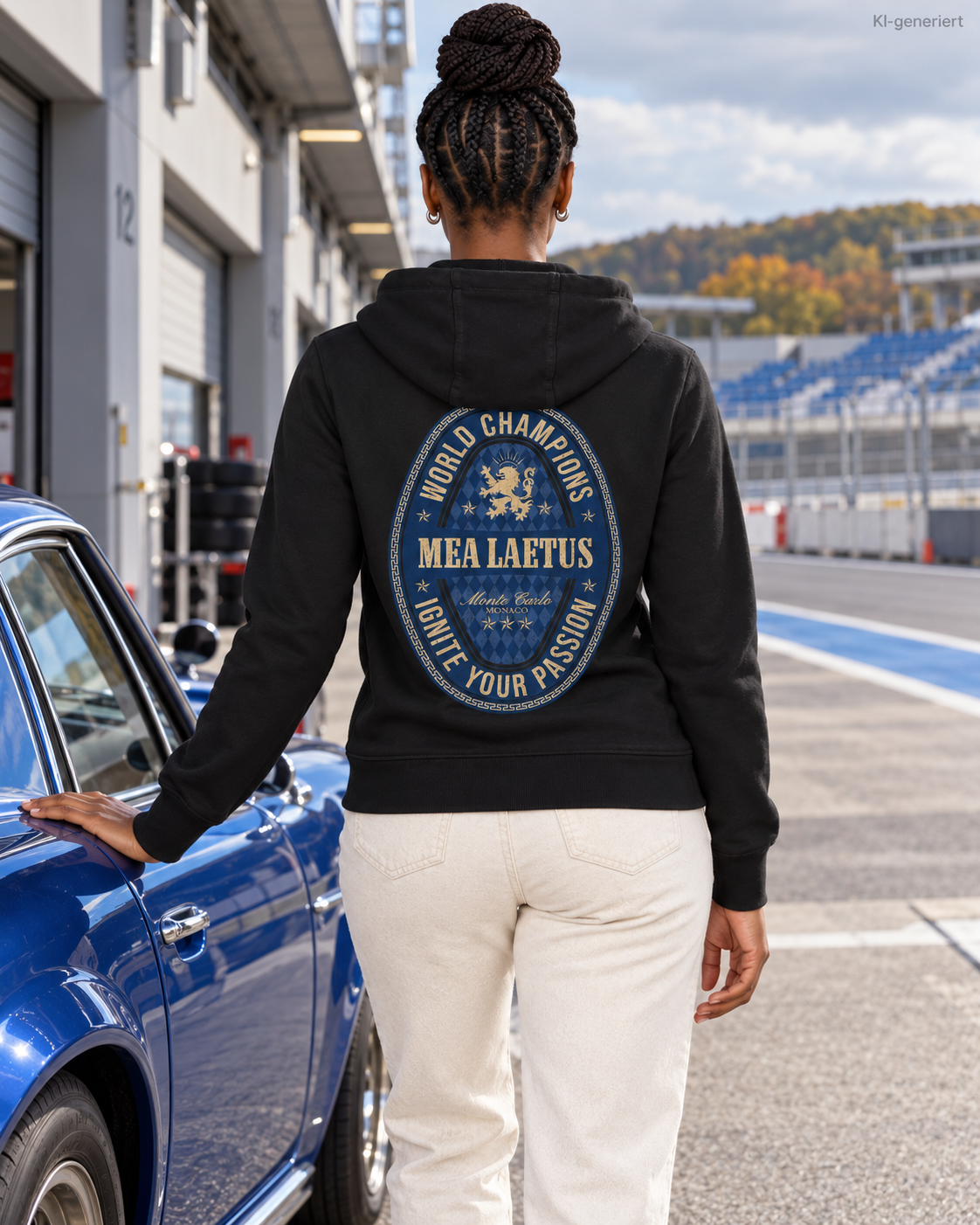 MEA LAETUS Ladies Sweatjacke World Champions Blau in Schwarz – Rückenansicht neben einem blauen Sportwagen mit großem Löwenemblem.
