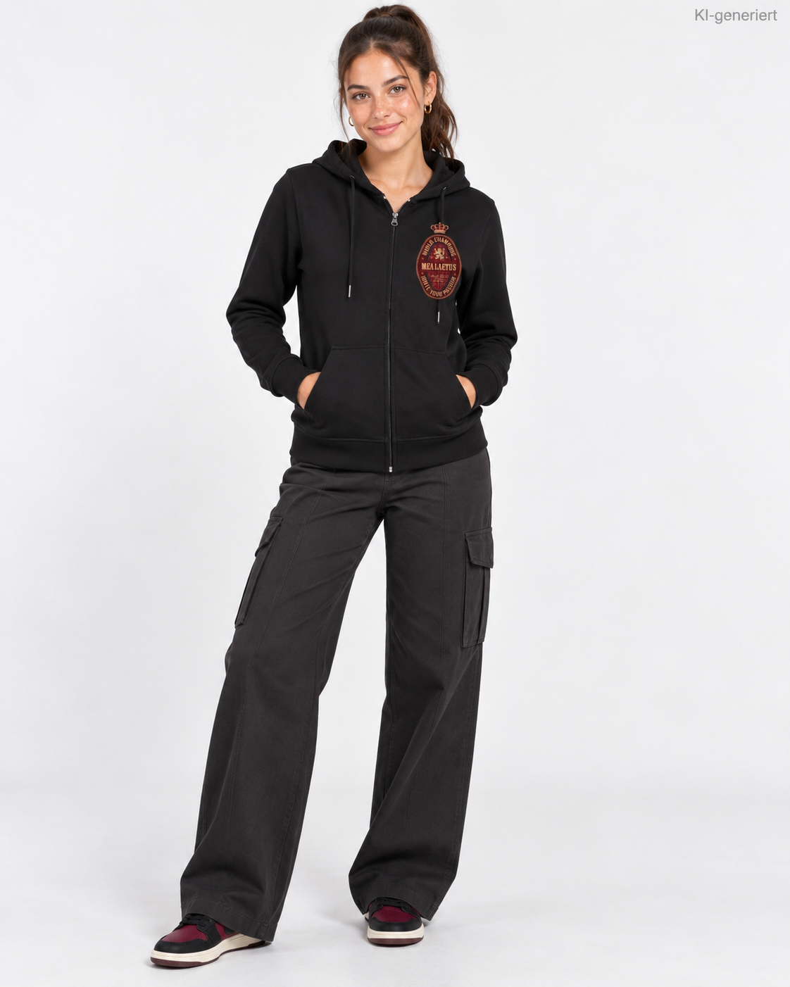 MEA LAETUS Ladies Sweatjacke World Champions Rot in Schwarz – Studio-Frontansicht mit rot-goldenem Brustemblem und langer Hose.