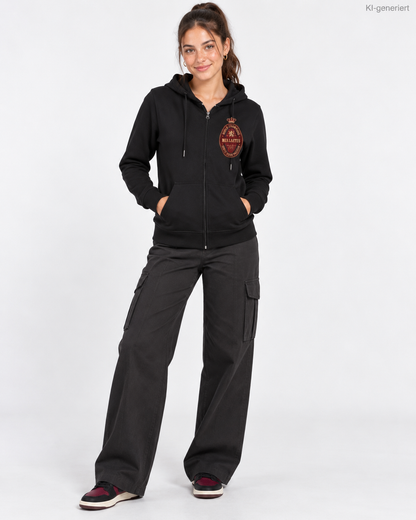 MEA LAETUS Ladies Sweatjacke World Champions Rot in Schwarz – Studio-Frontansicht mit rot-goldenem Brustemblem und langer Hose.