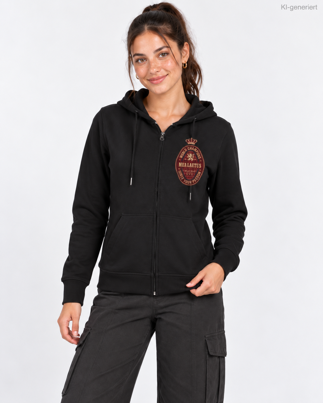 MEA LAETUS Ladies Sweatjacke World Champions Rot in Schwarz – Nähere Frontansicht mit World Champions Brustprint und Reißverschluss.