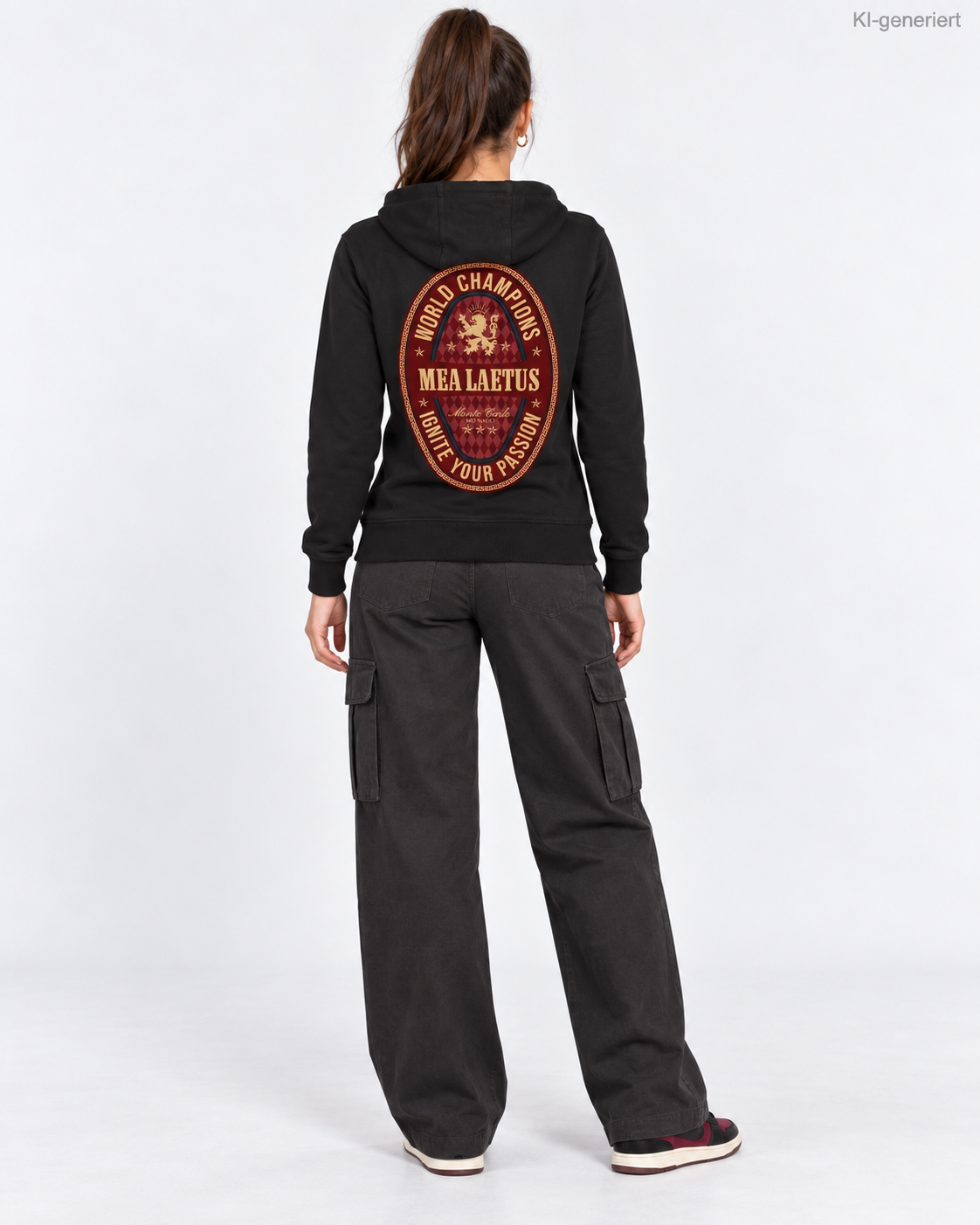 MEA LAETUS Ladies Sweatjacke World Champions Rot in Schwarz – Studio-Rückansicht mit großem rot-goldenem World Champions Emblem.