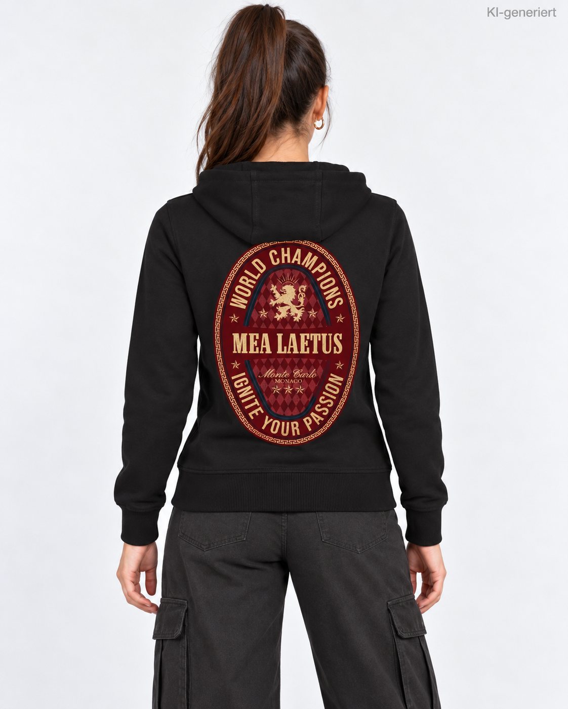 MEA LAETUS Ladies Sweatjacke World Champions Rot in Schwarz – Nahaufnahme des Rückenprints mit Löwenmotiv und MEA LAETUS Schriftzug.