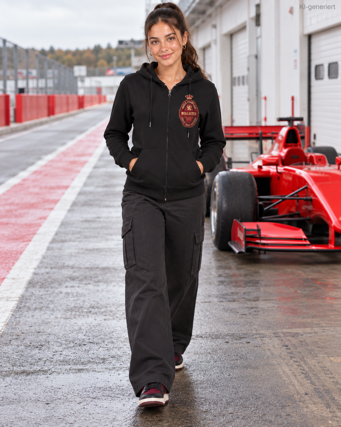 MEA LAETUS Ladies Sweatjacke World Champions Rot in Schwarz – Frontansicht beim Gehen durch die Boxengasse mit langer Hose.