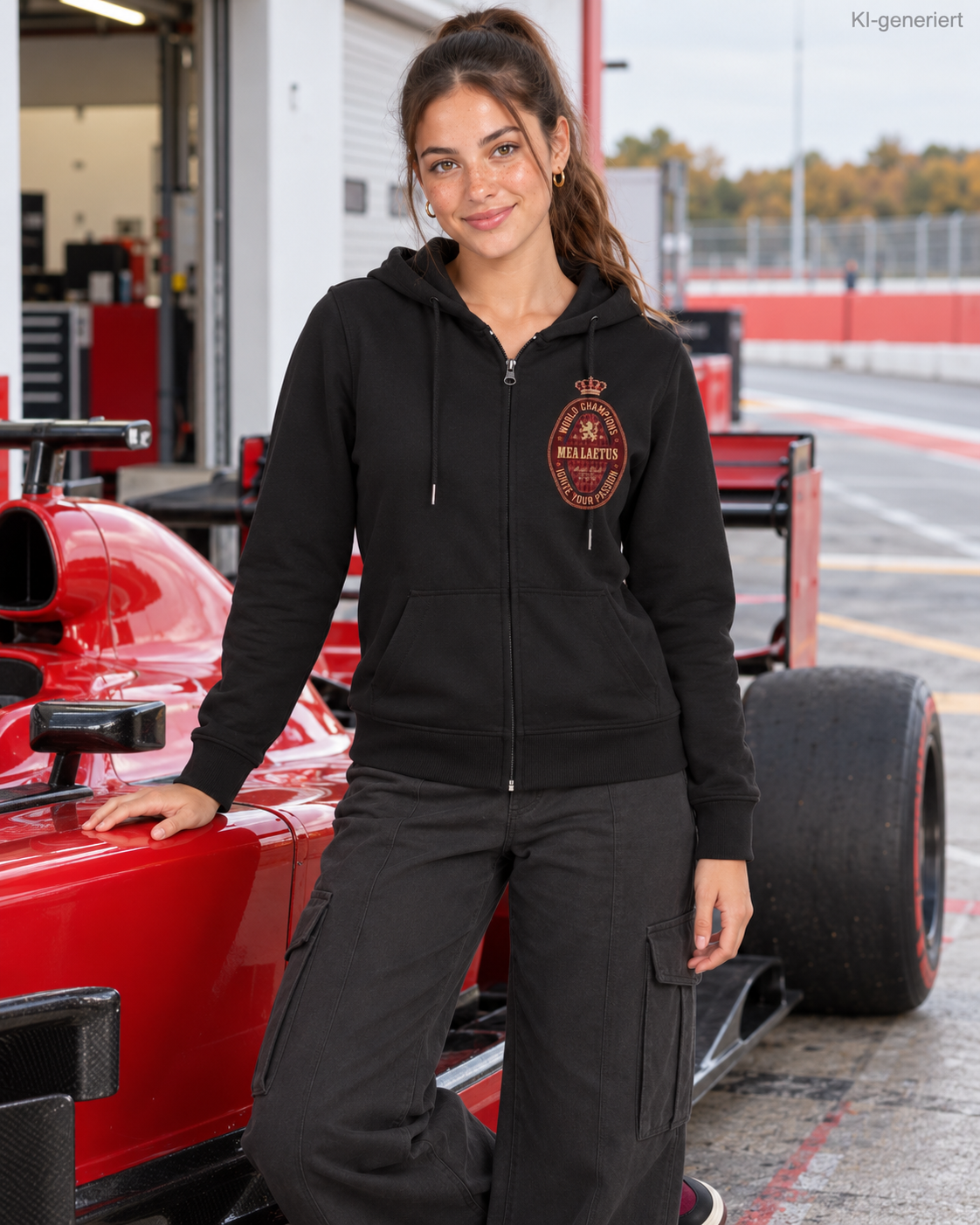 MEA LAETUS Ladies Sweatjacke World Champions Rot in Schwarz – Frontansicht neben einem roten Rennwagen mit sichtbarem Brustprint.