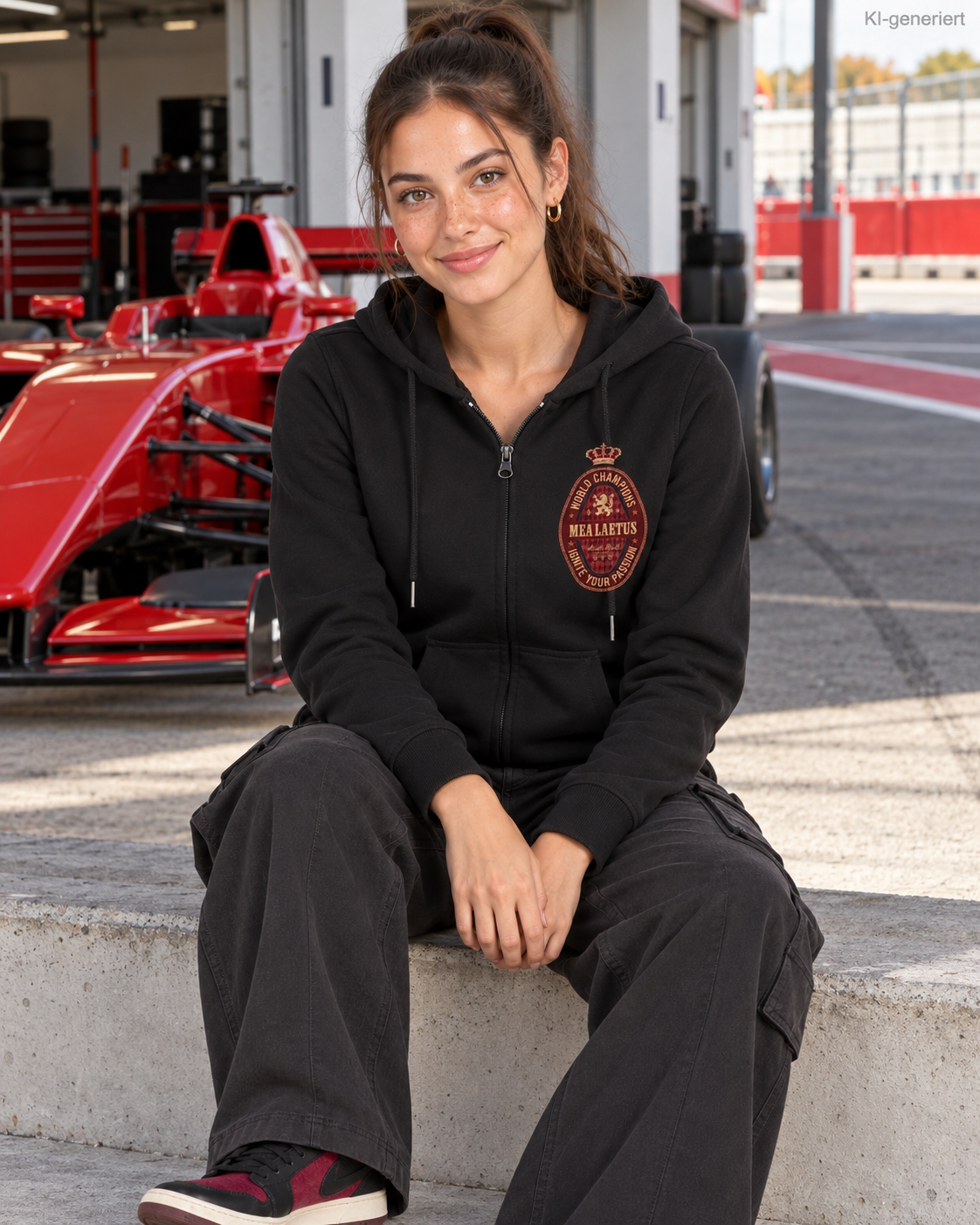 MEA LAETUS Ladies Sweatjacke World Champions Rot in Schwarz – Sitzende Frontansicht an der Rennstrecke mit World Champions Brustemblem.