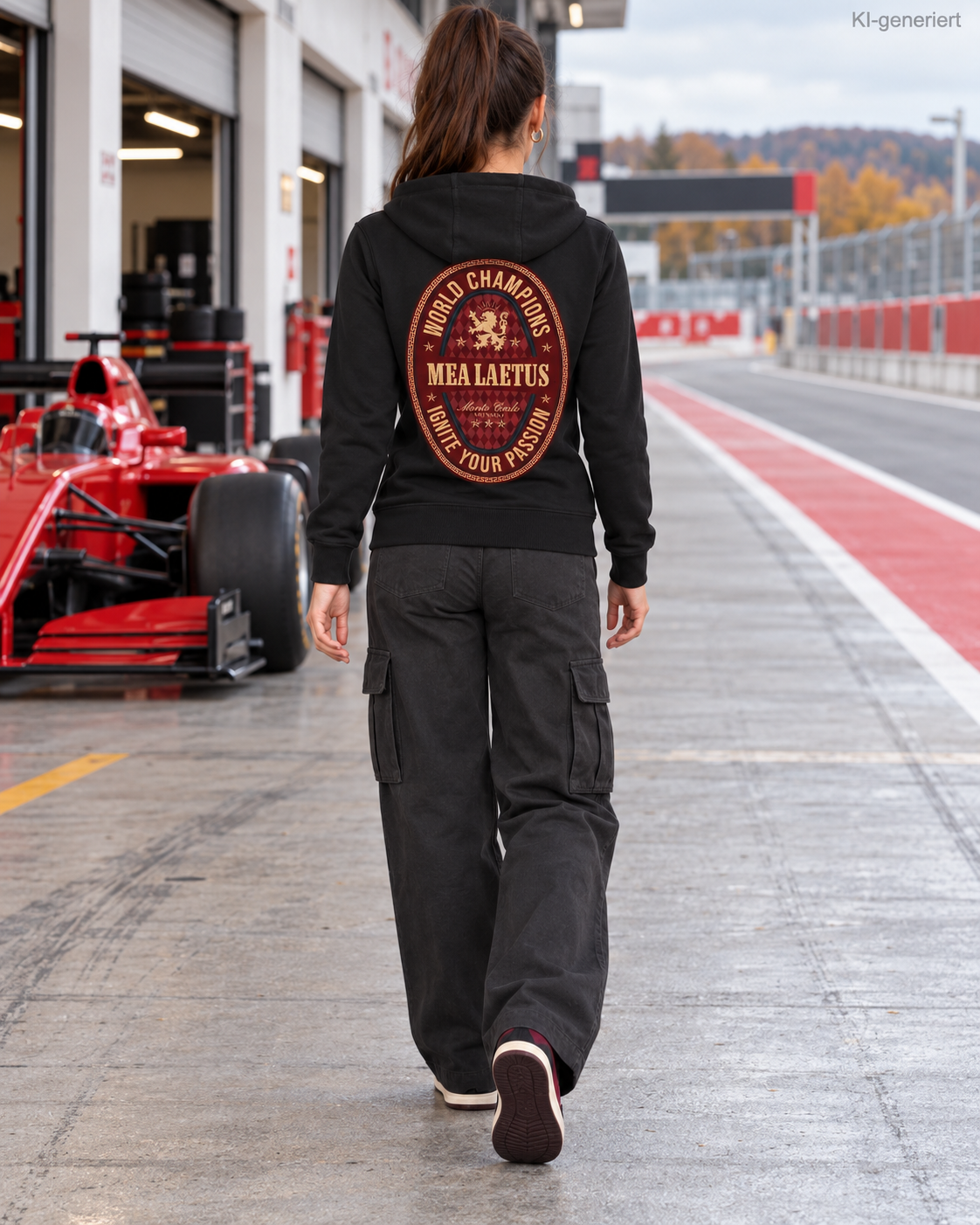 MEA LAETUS Ladies Sweatjacke World Champions Rot in Schwarz – Rückenansicht beim Gehen durch die Boxengasse mit großem World Champions Motiv.