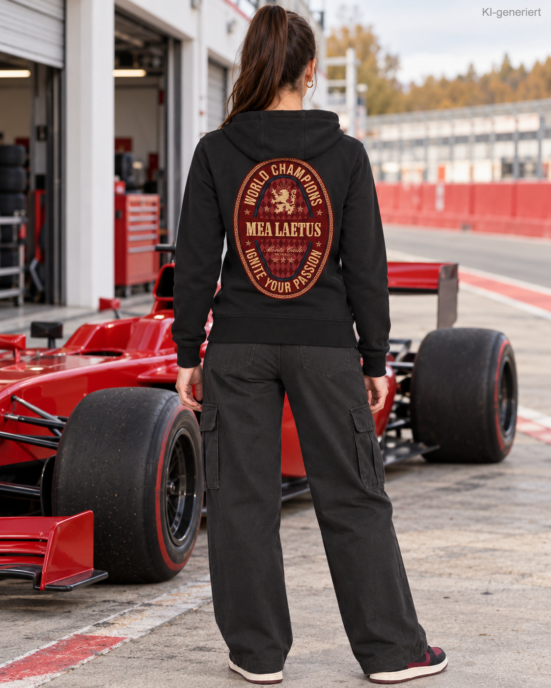 MEA LAETUS Ladies Sweatjacke World Champions Rot in Schwarz – Rückenansicht neben einem roten Rennwagen mit großem Löwenemblem.