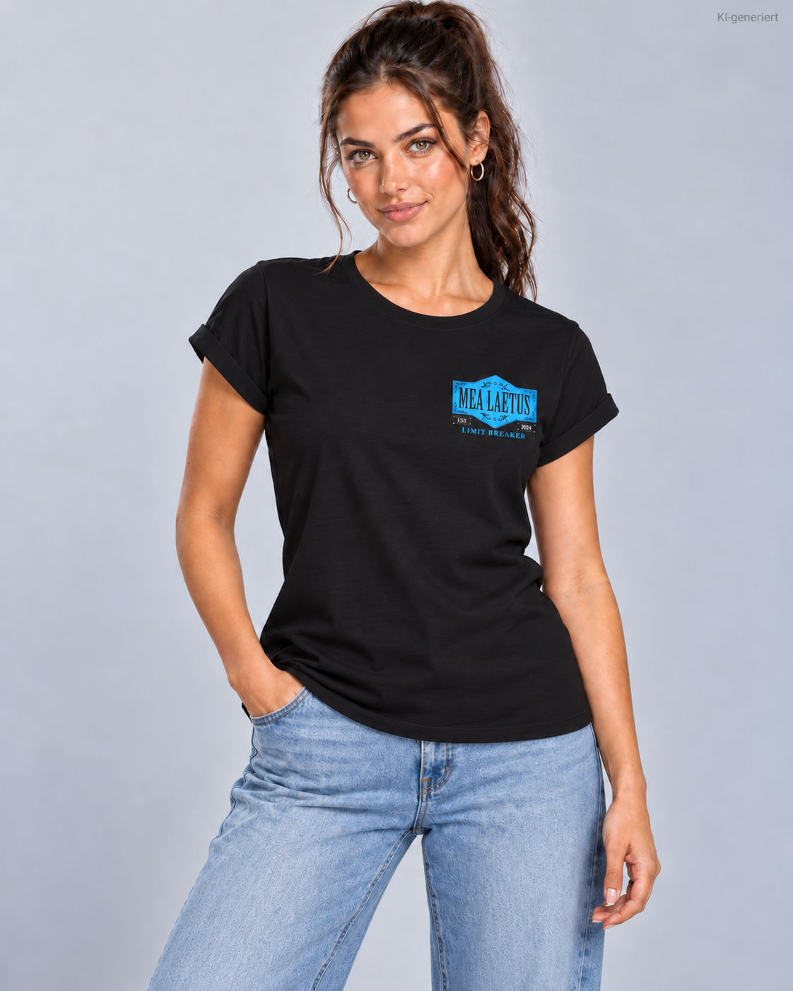 Schwarzes MEA LAETUS Limitbreaker Damen-T-Shirt mit blauem Brustemblem, Frontansicht am Model im Studio