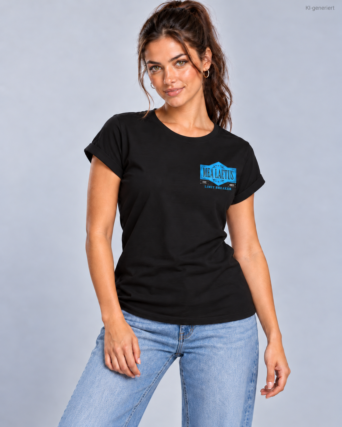 Dreiviertelansicht des schwarzen MEA LAETUS Limitbreaker Damen-T-Shirts mit blauem Brustprint