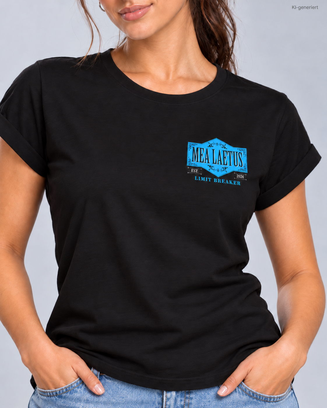 Detail des blauen MEA LAETUS Limitbreaker Brustemblems auf schwarzem Damen-T-Shirt