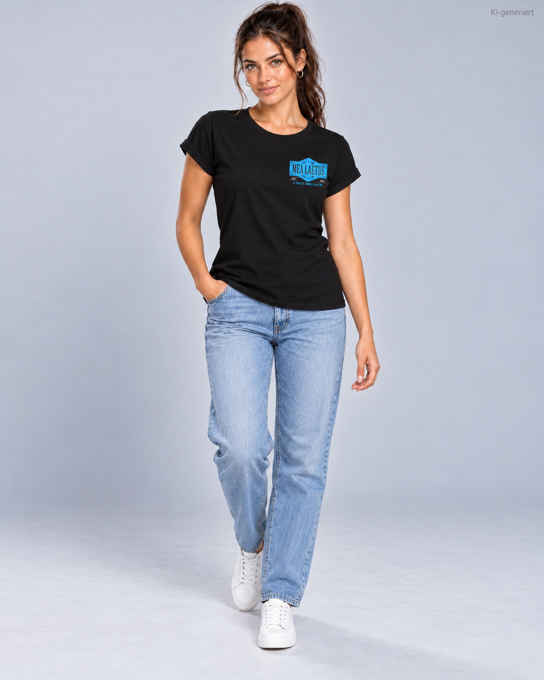 Model mit schwarzem MEA LAETUS Limitbreaker Damen-T-Shirt, hellblauer Jeans und weißen Sneakern im Studio