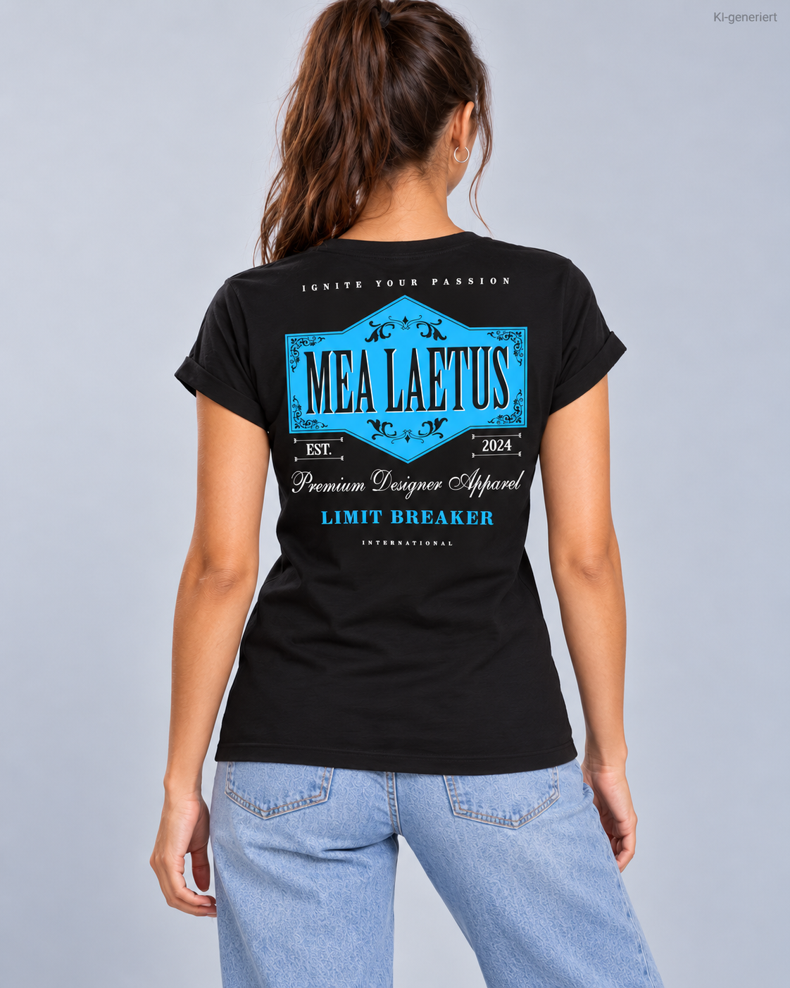Rückenansicht des schwarzen MEA LAETUS Limitbreaker Damen-T-Shirts mit großem blauem Emblem und weißen Schriftzügen