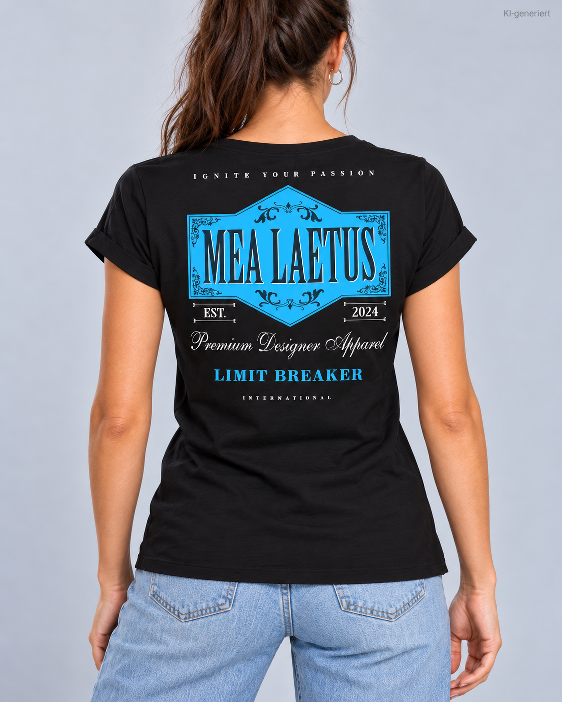 Nahaufnahme des blauen Limitbreaker Rückenprints mit MEA LAETUS Emblem auf schwarzem Damen-T-Shirt