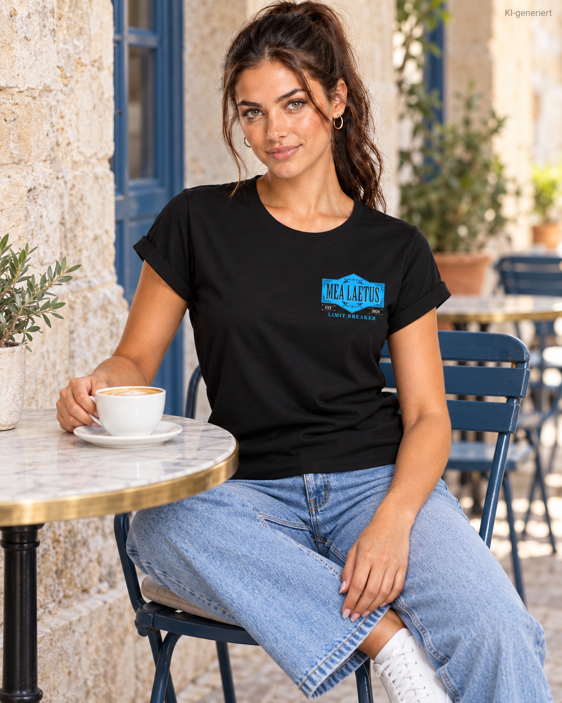 Schwarzes MEA LAETUS Limitbreaker Damen-T-Shirt mit blauem Brustemblem am Model in einem Straßencafé