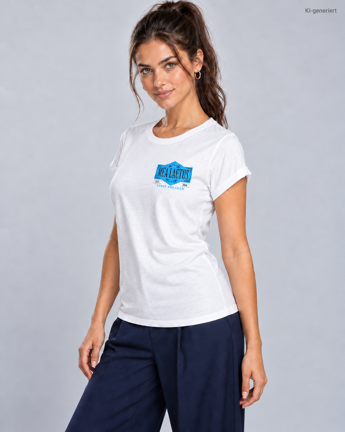 Weißes MEA LAETUS Limitbreaker Damen-T-Shirt mit blauem Brustemblem am Model in Dreiviertelansicht